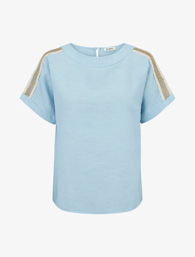 Top manches courtes à broderies ajourés - Bleu ciel