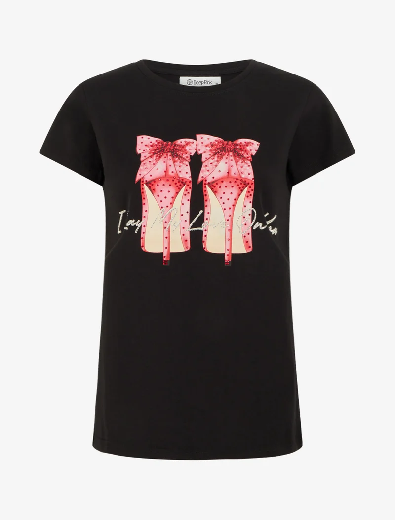 T-shirt à strass et motif stiletto - Noir