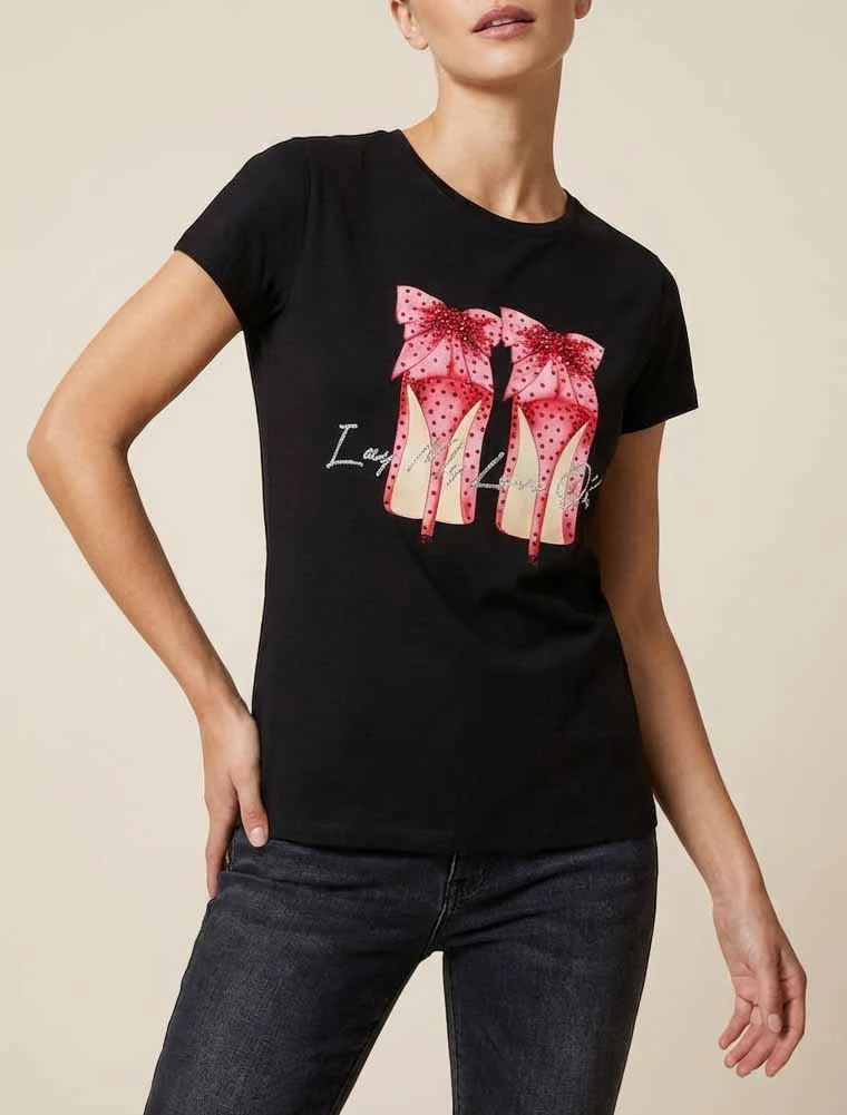 T-shirt à strass et motif stiletto - Noir