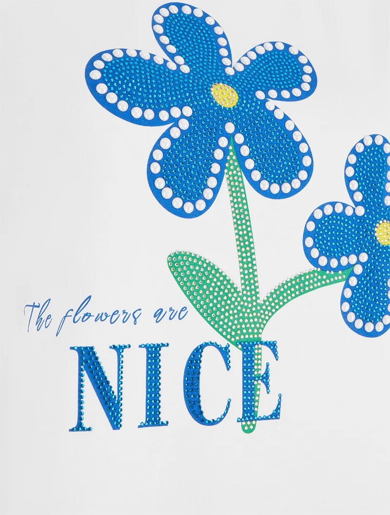 T-shirt à strass et fleurs - Blanc