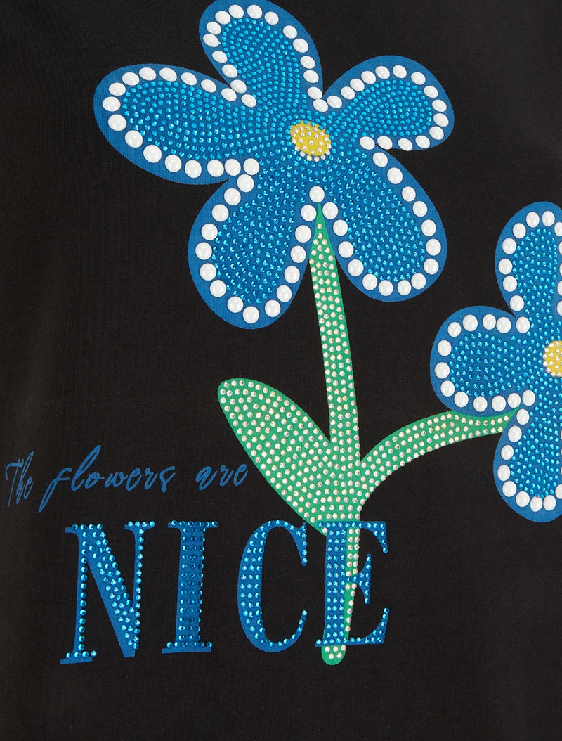 T-shirt à strass et fleurs - Noir