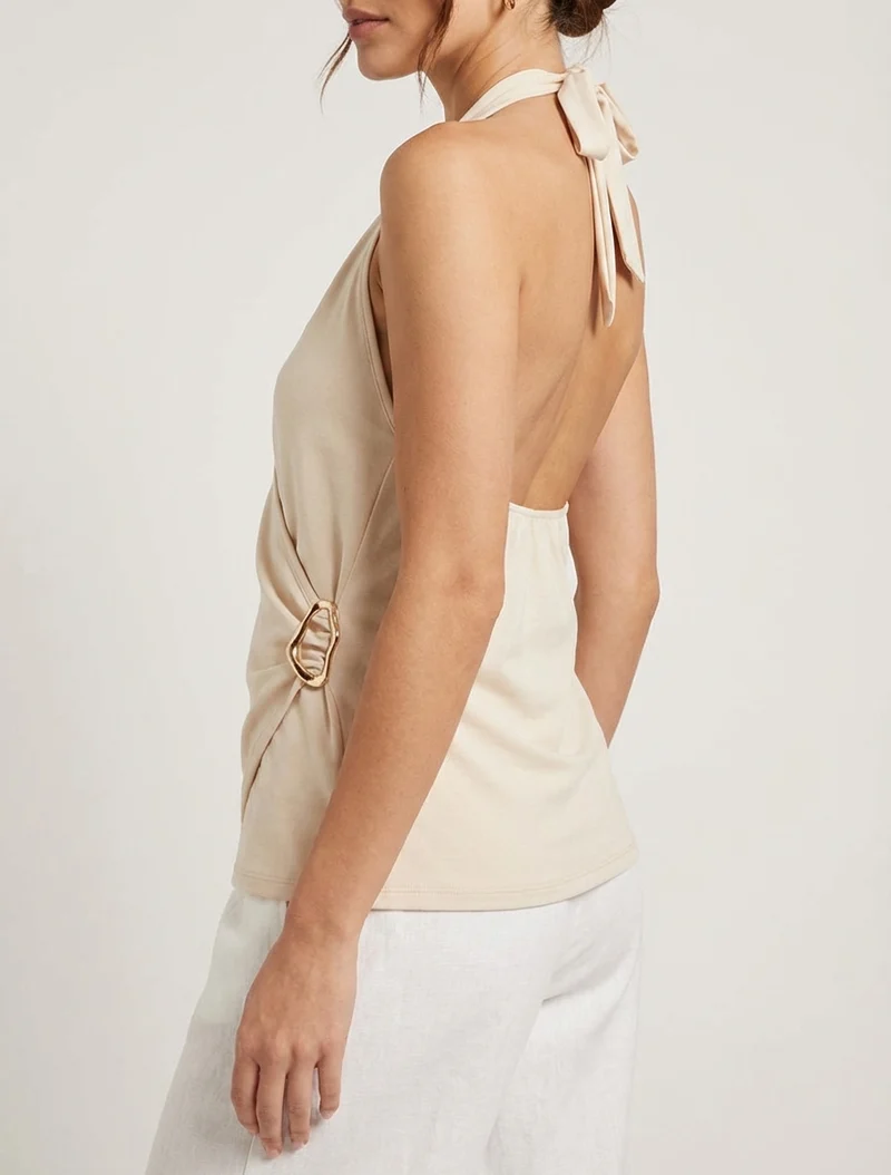 Top à dos nu et empiècement bijou - Beige