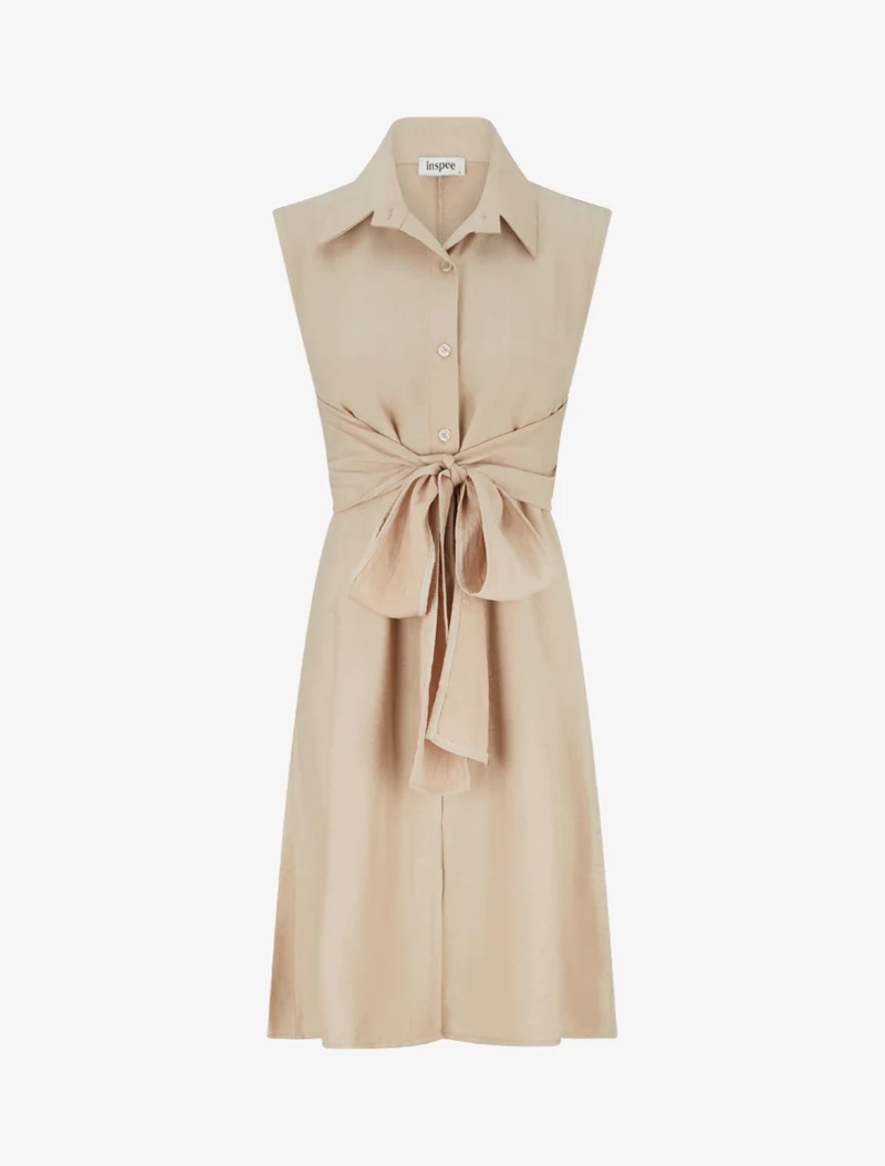 Robe chemise sans manches à liens à nouer - Beige