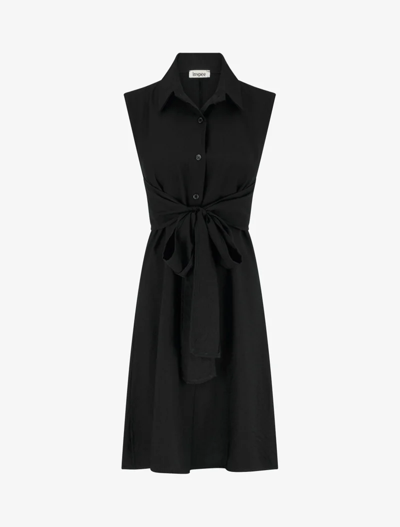 Robe chemise sans manches à liens à nouer - Noir