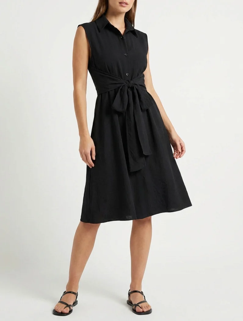 Robe chemise sans manches à liens à nouer - Noir