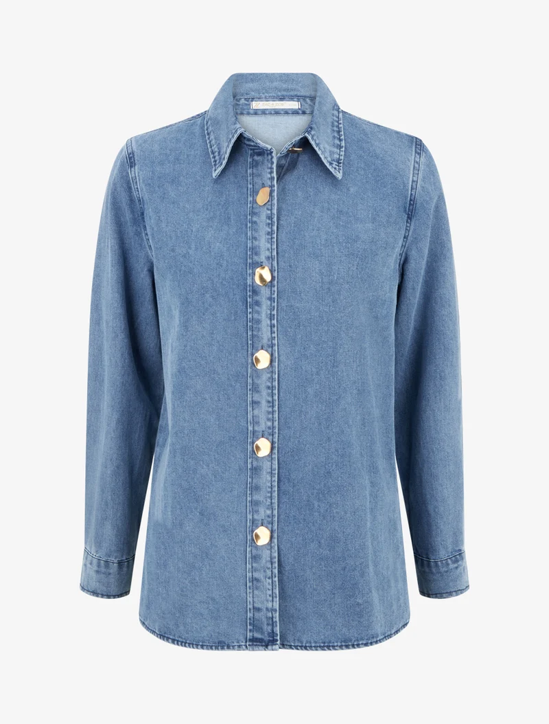 Chemise en jean droite à boutons stylisés - Bleu