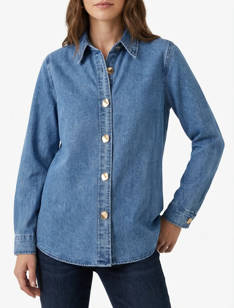 Chemise en jean droite à boutons stylisés - Bleu