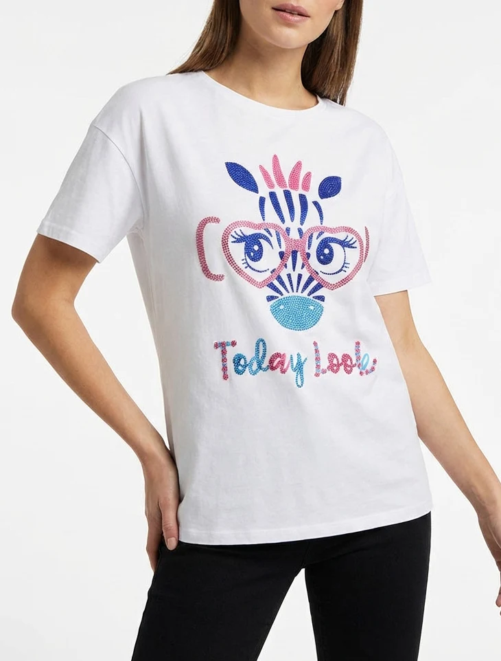 T-shirt imprimé girafe strassé - Blanc