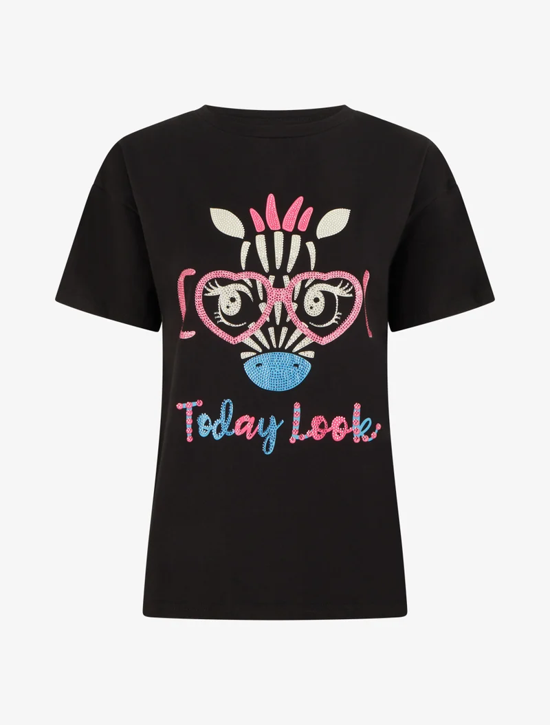T-shirt imprimé girafe et strass - Noir