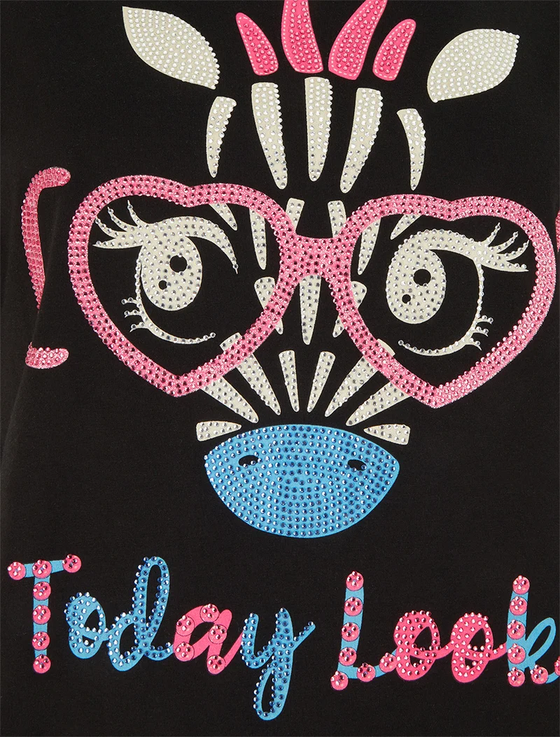 T-shirt imprimé girafe et strass - Noir