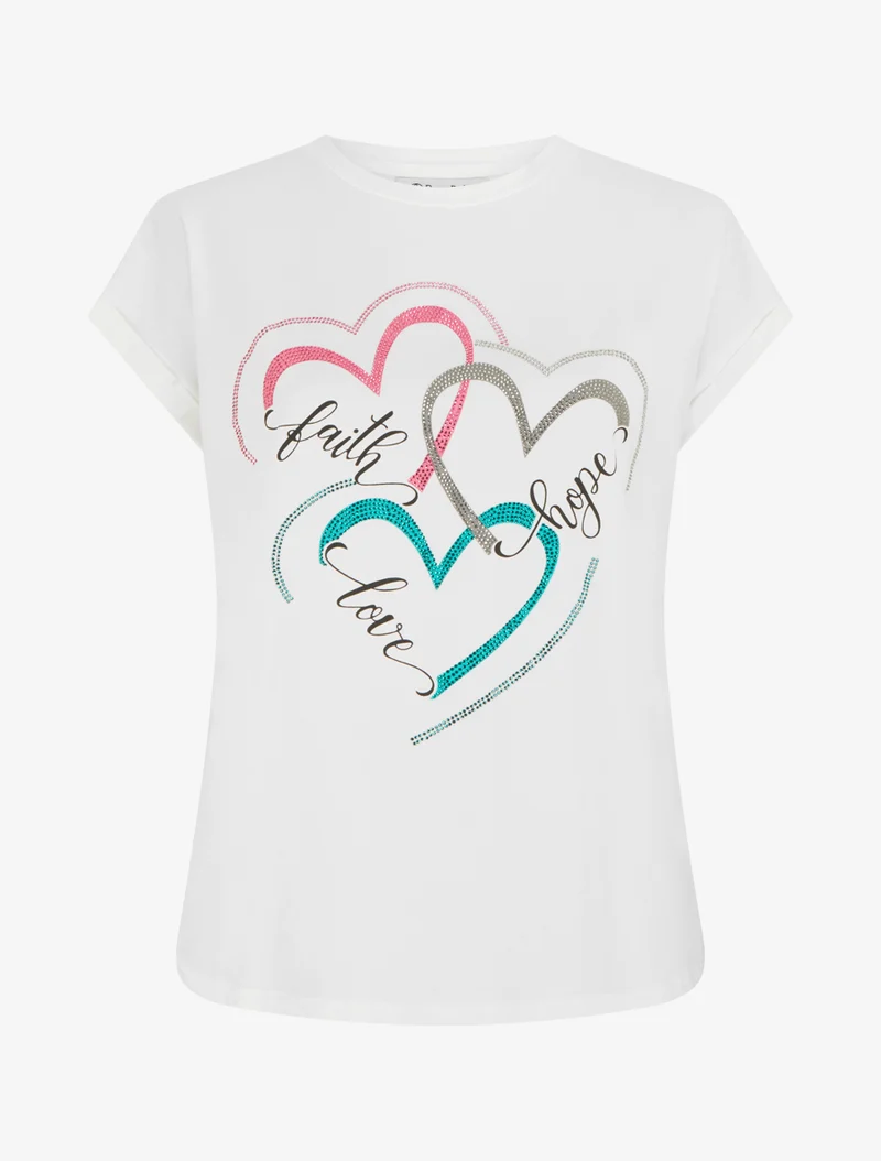 T-shirt floqué et 3 coeurs strassés - Blanc