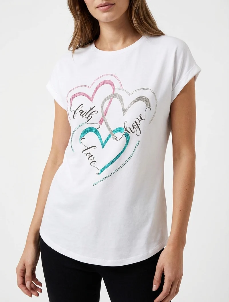 T-shirt floqué et 3 coeurs strassés - Blanc