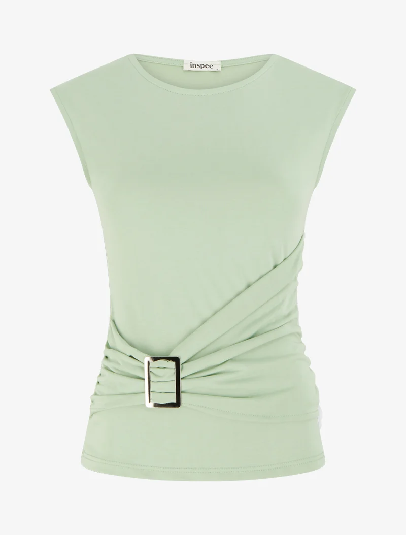 Top uni à col rond et empiècement bijou - Vert d'amande