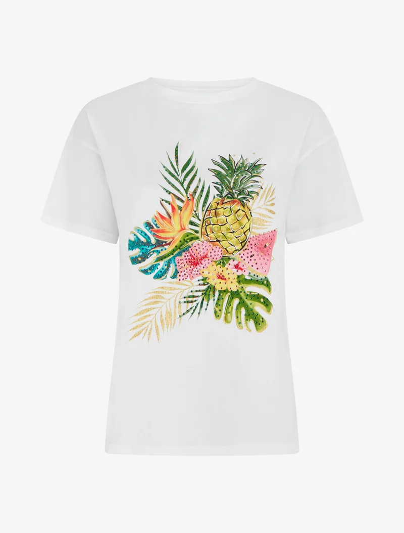 T-shirt imprimé fruits et strass - Blanc