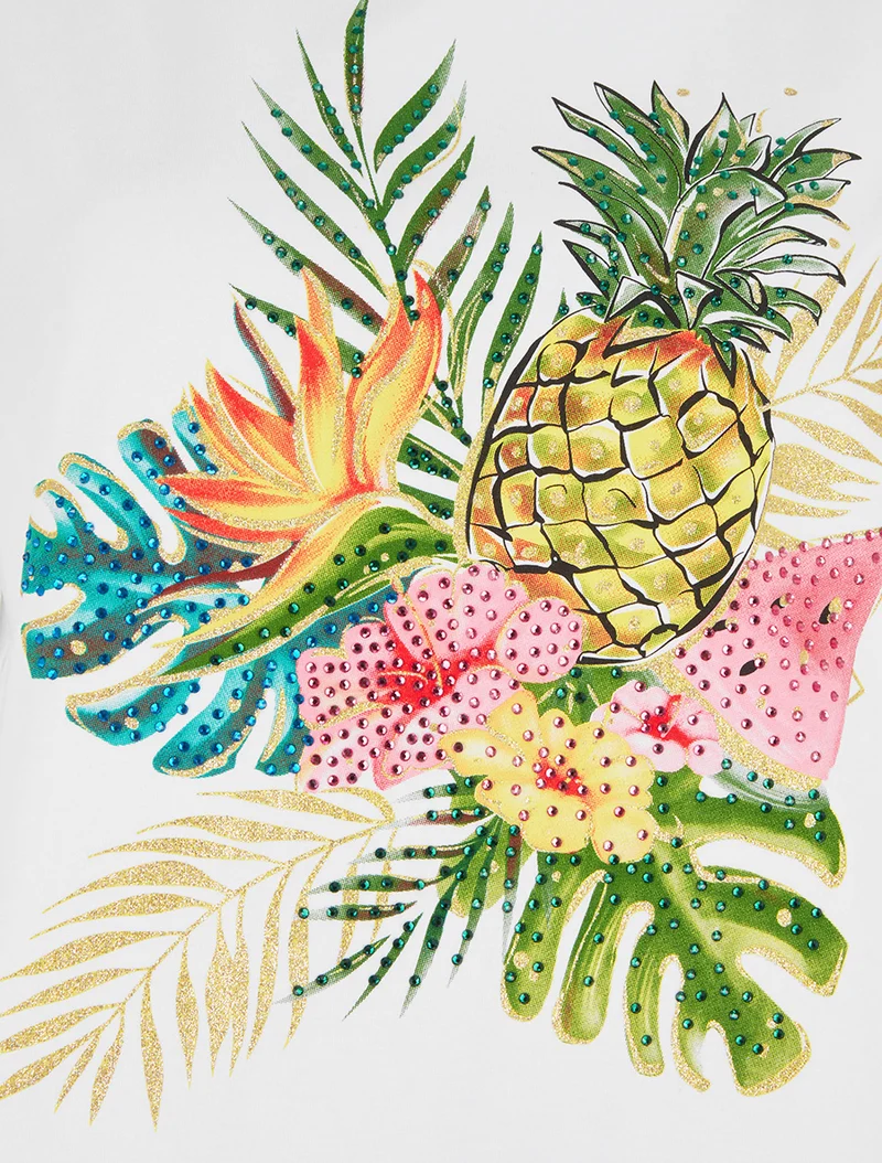 T-shirt imprimé fruits et strass - Blanc