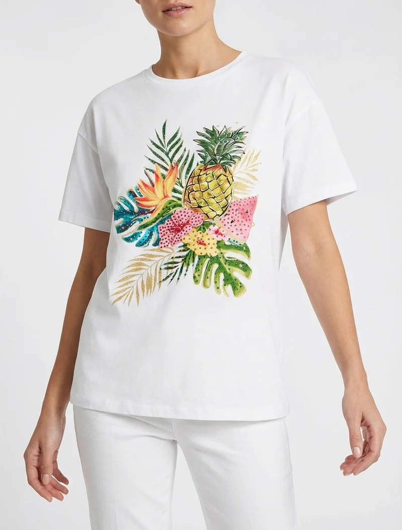 T-shirt imprimé fruits et strass - Blanc