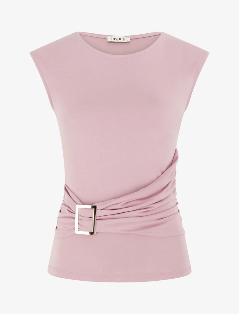 Top uni à col rond et empiècement bijou - Rose