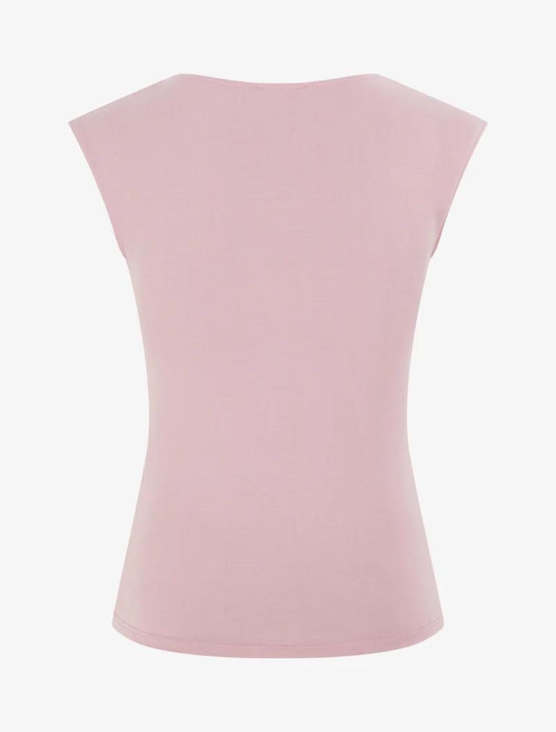 Top uni à col rond et empiècement bijou - Rose