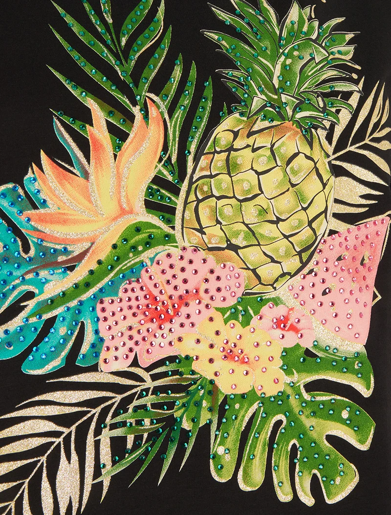 T-shirt imprimé fruits et strass - Noir