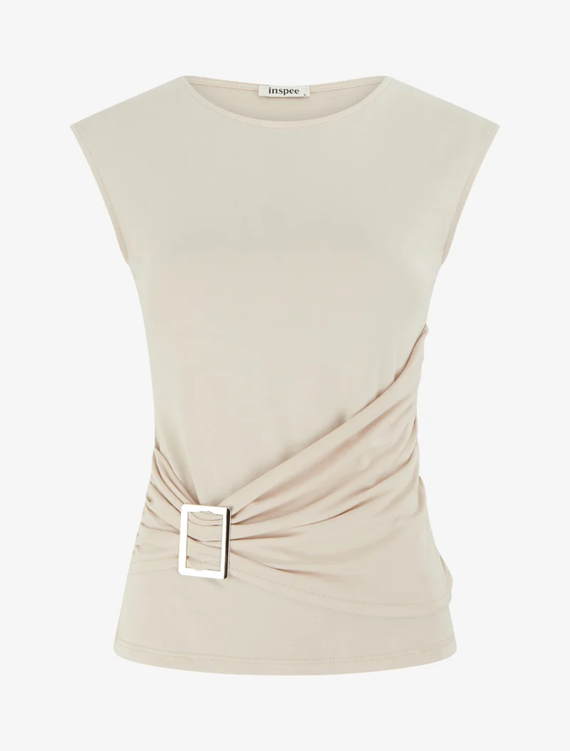 Top uni à col rond et empiècement bijou - Beige