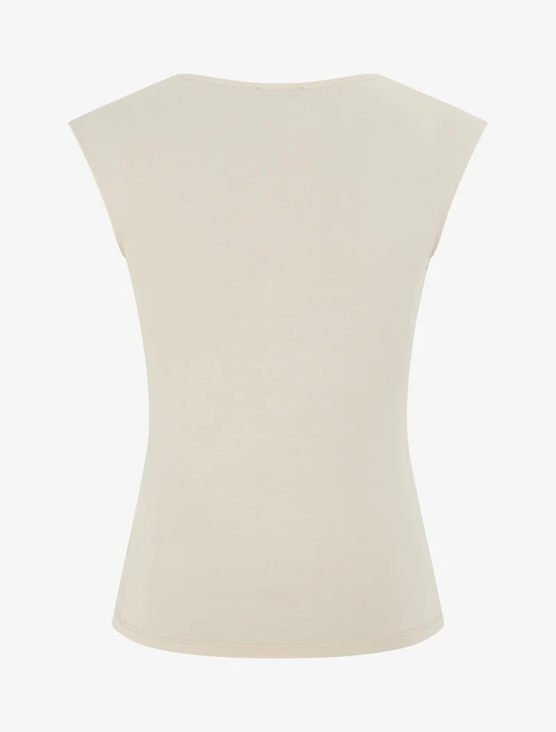 Top uni à col rond et empiècement bijou - Beige