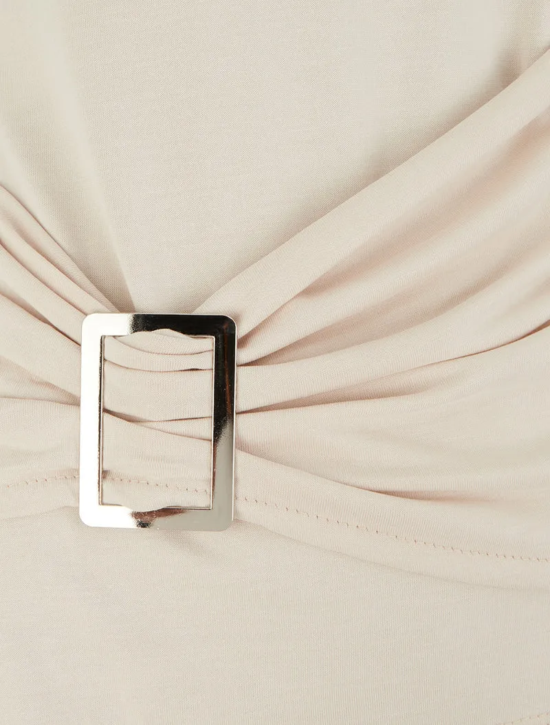 Top uni à col rond et empiècement bijou - Beige
