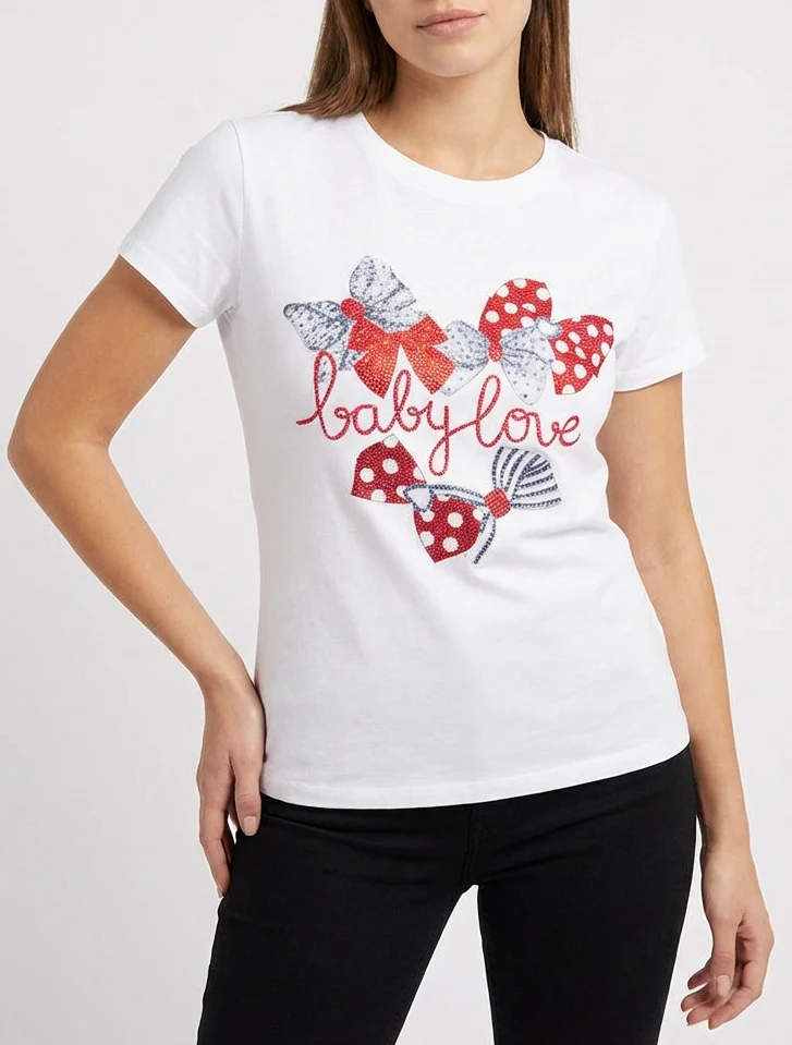 T-shirt imprimé noeuds strassés - Blanc