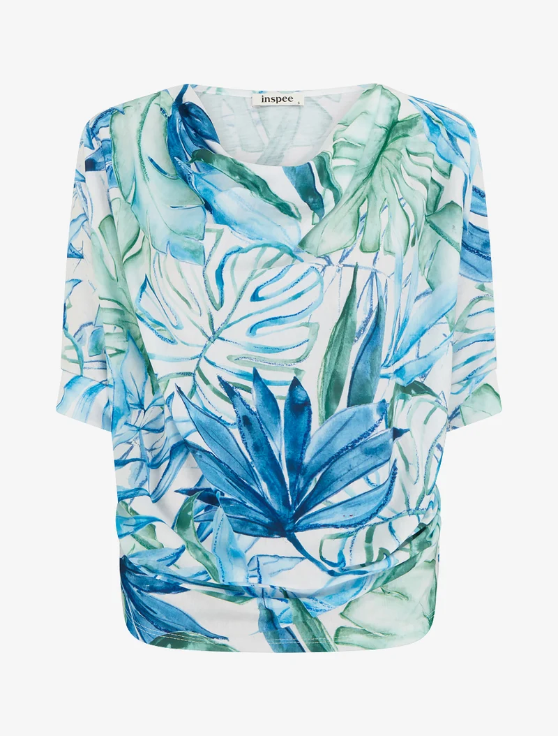 Top tropical manches 3/4 et effet plissé - Bleu