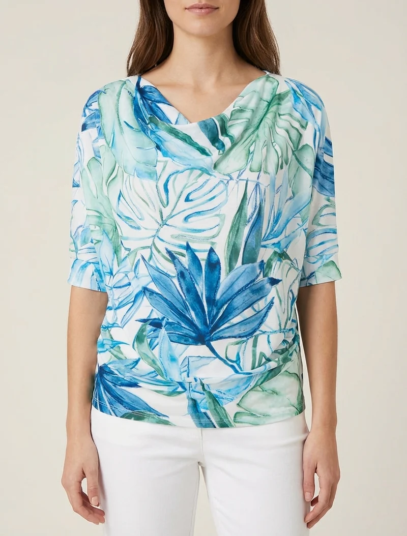 Top tropical manches 3/4 et effet plissé - Bleu