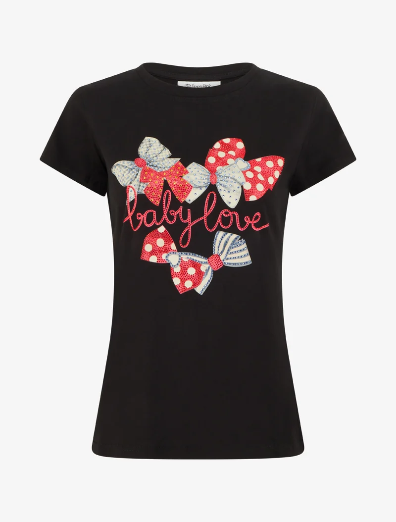T-shirt imprimé noeuds strassés - Noir