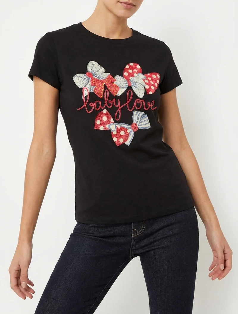 T-shirt imprimé noeuds strassés - Noir