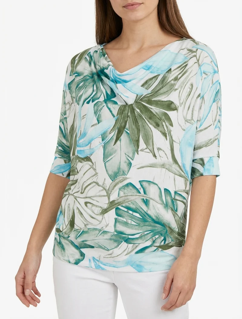 Top tropical manches 3/4 et effet plissé - Kaki