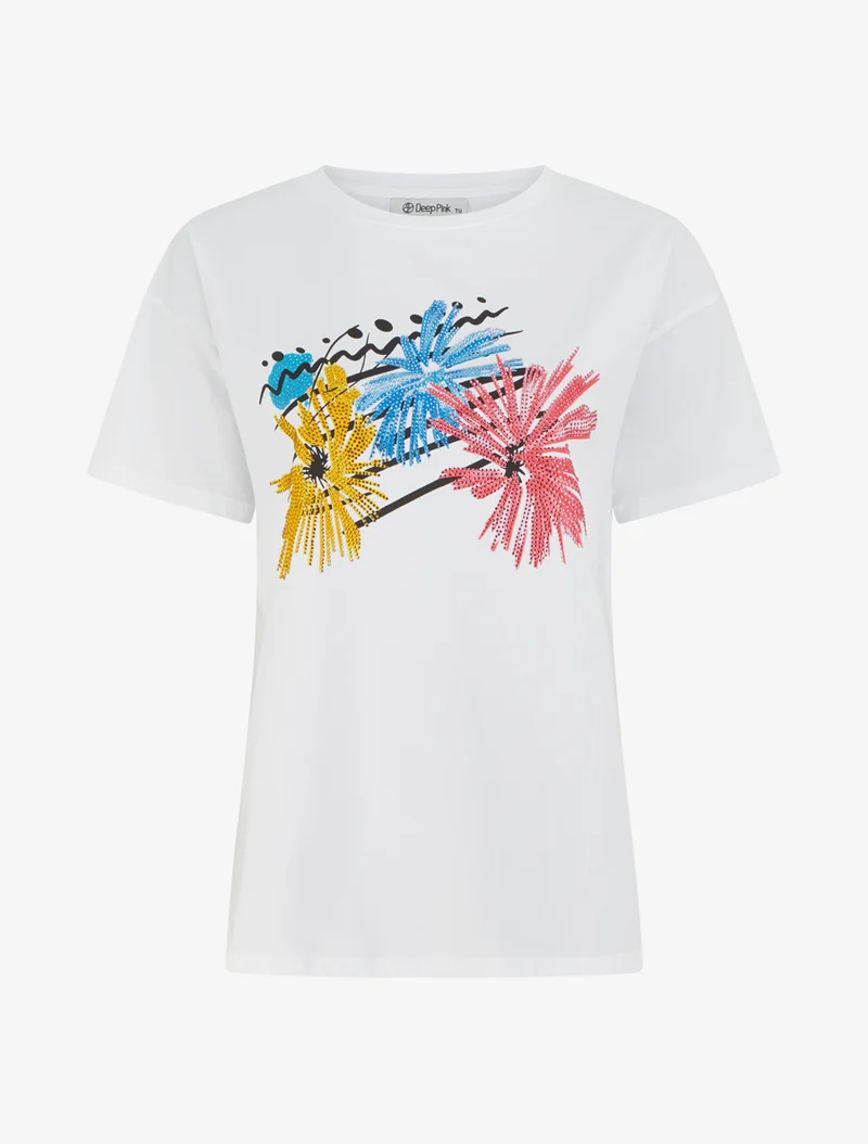 T-shirt imprimé feux d'artifices et strass - Blanc