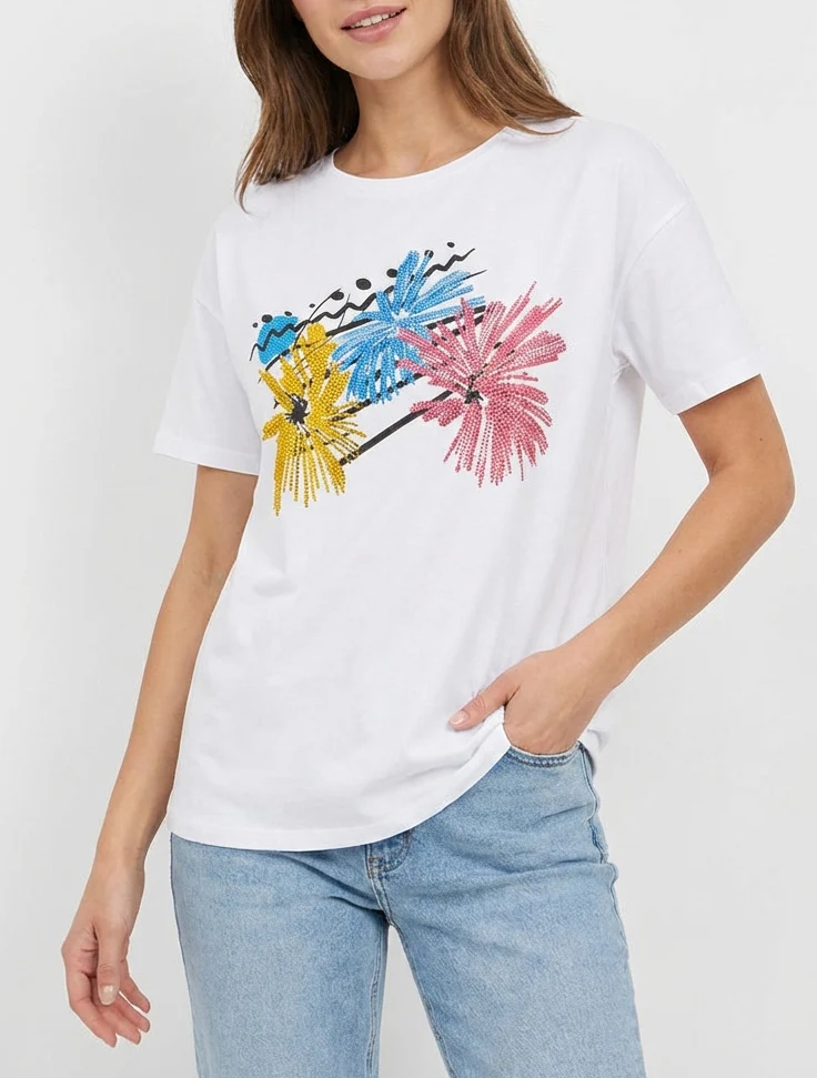 T-shirt imprimé feux d'artifices et strass - Blanc