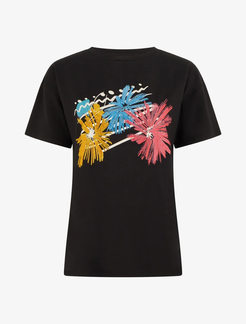 T-shirt imprimé feux d'artifices et strass - Noir
