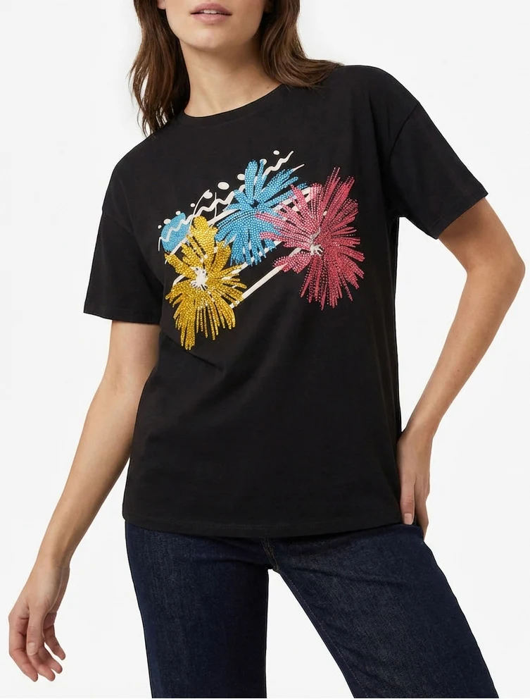 T-shirt imprimé feux d'artifices et strass - Noir