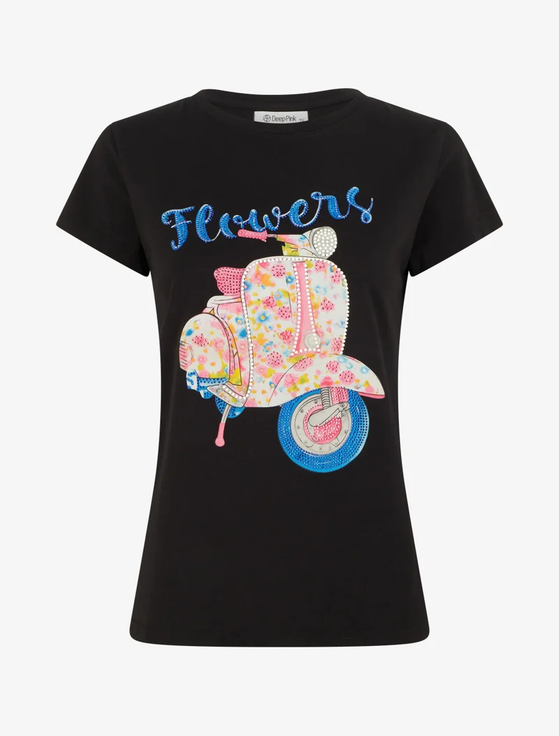 T-shirt à motif scooter strassé - Noir