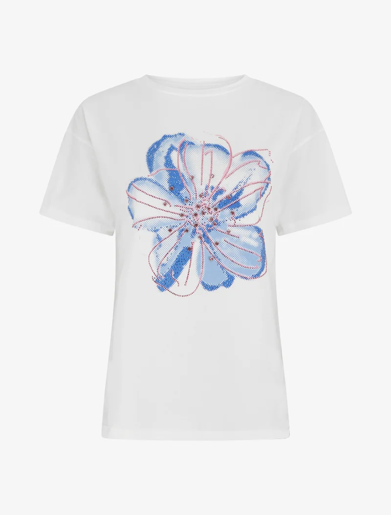 T-shirt à motif fleur et strass - Blanc
