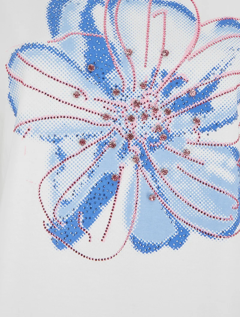 T-shirt à motif fleur et strass - Blanc