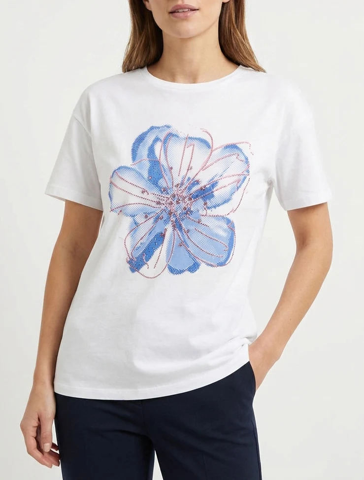 T-shirt à motif fleur et strass - Blanc