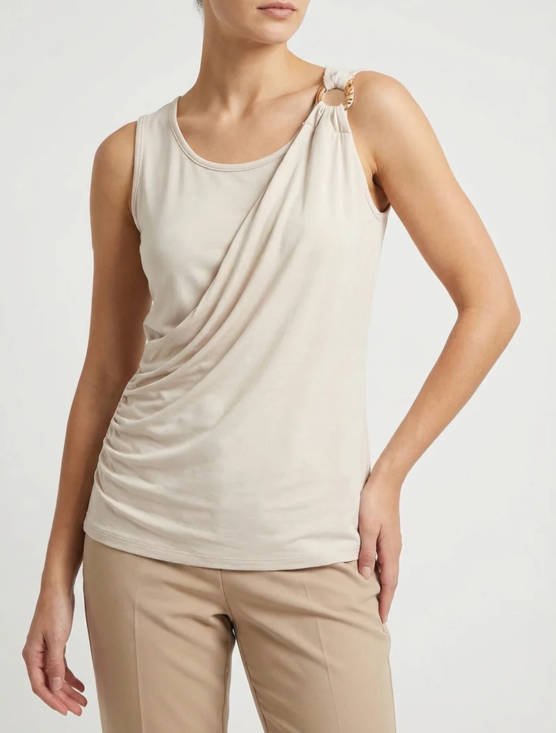 Top sans manches effet drapé à bretelle bijou - Beige