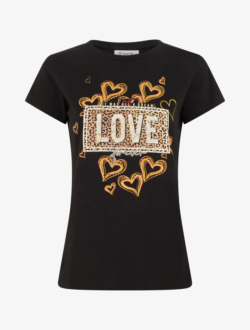 T-shirt à message et motif fleurs strassés - Noir