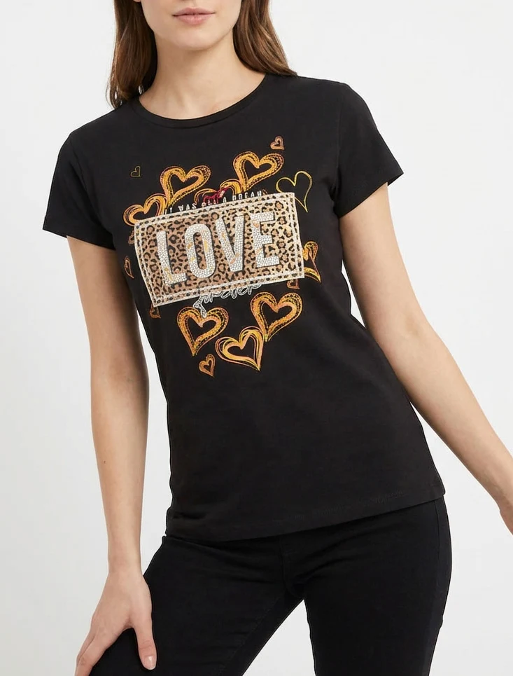 T-shirt à message et motif fleurs strassés - Noir