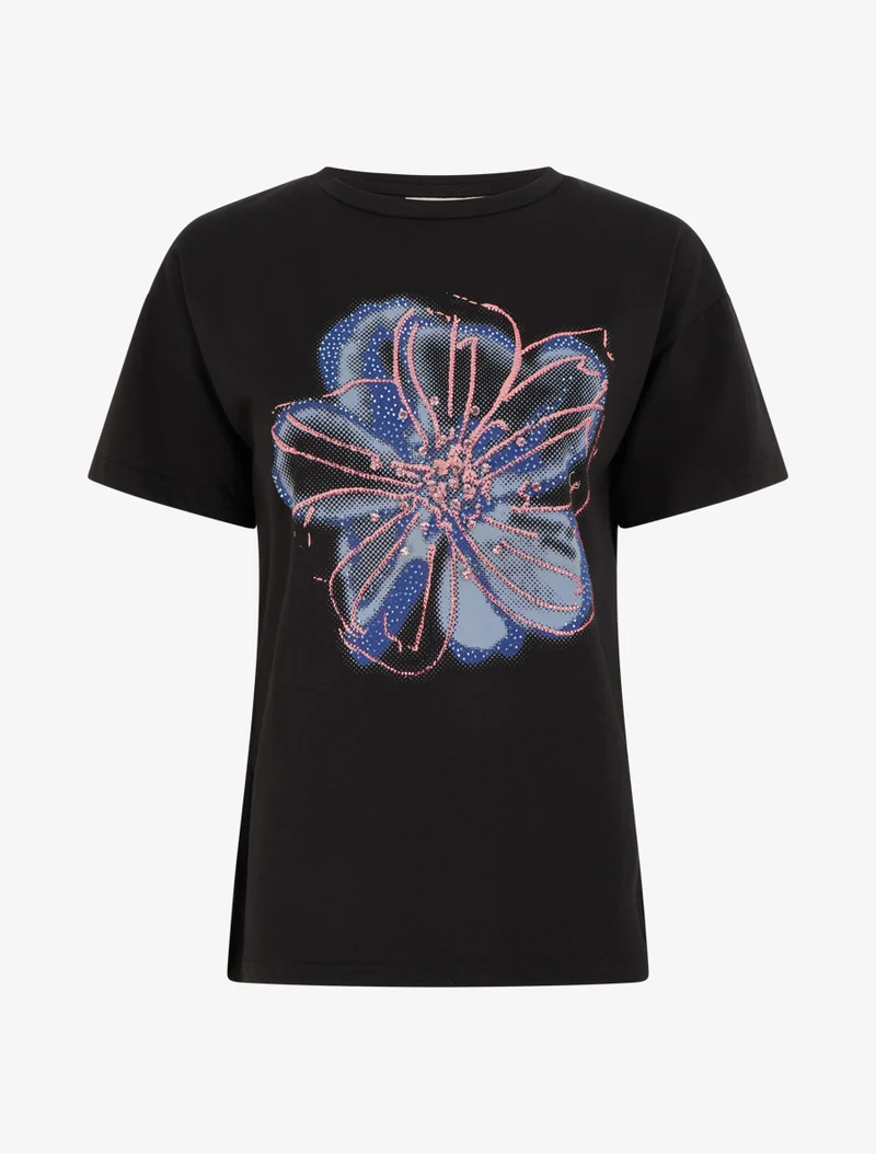 T-shirt à motif fleur et strass - Noir