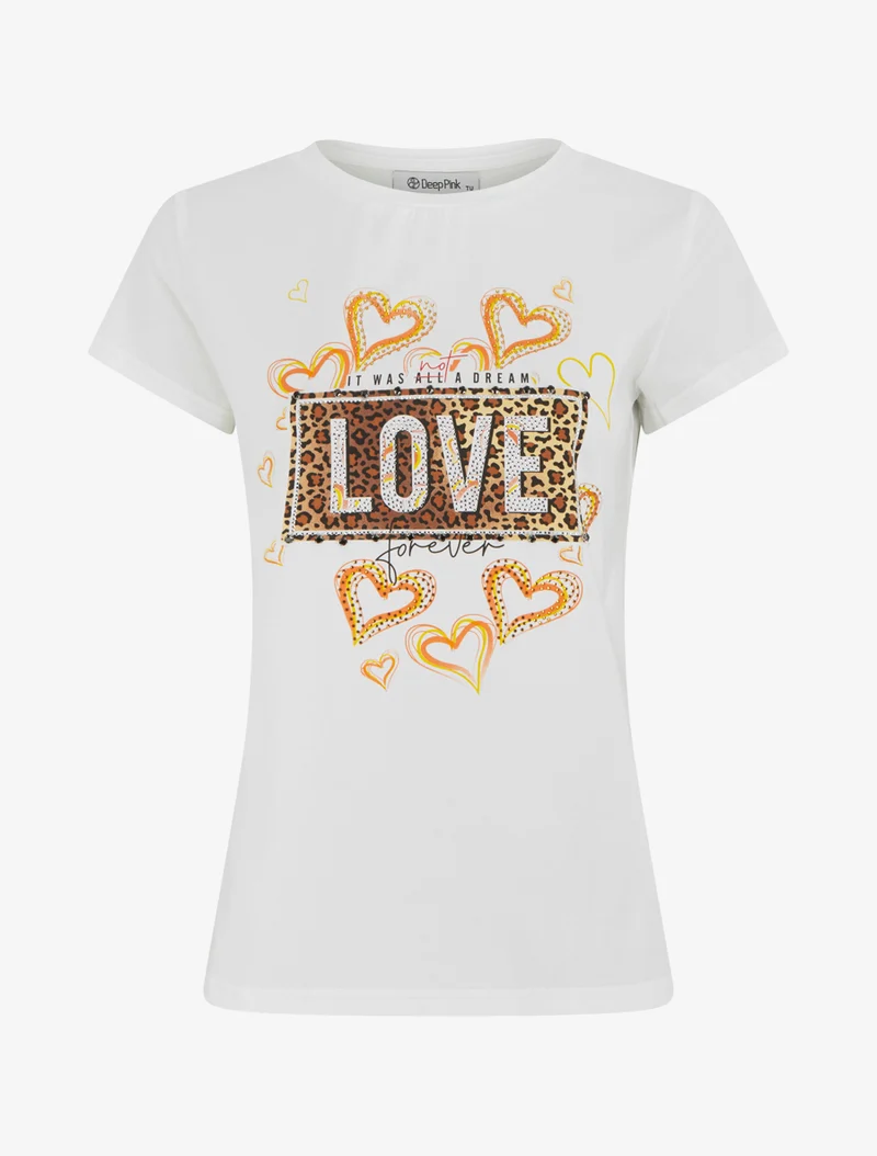 T-shirt à message et motif fleurs strassés - Blanc