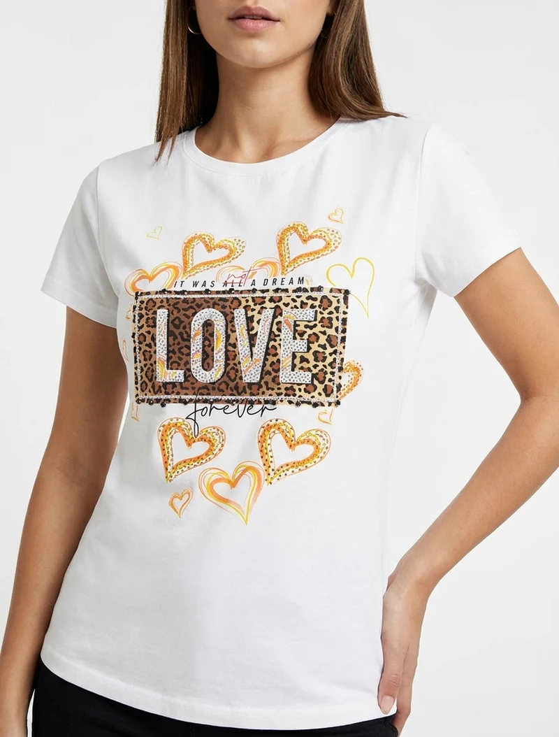 T-shirt à message et motif fleurs strassés - Blanc