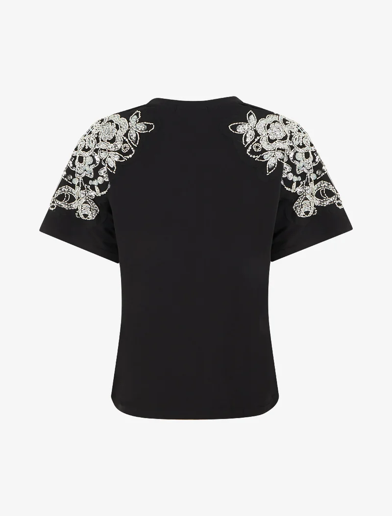 T-shirt manches courtes à épaules strassées - Noir