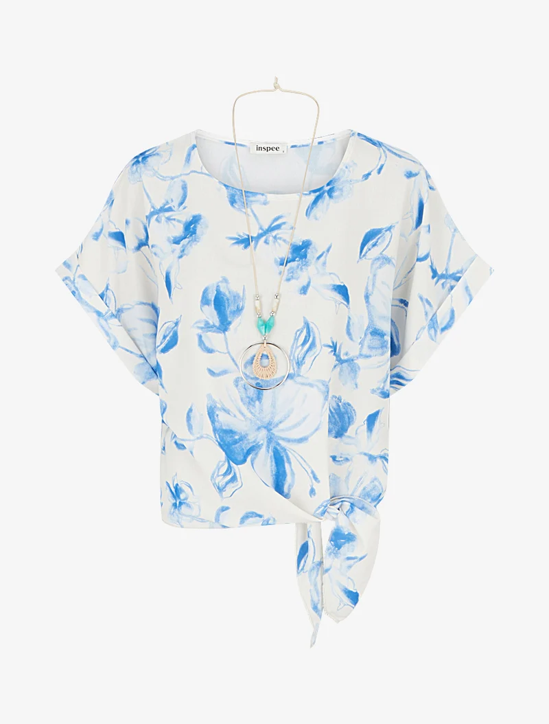 Top imprimé floral à nouer - Bleu ciel