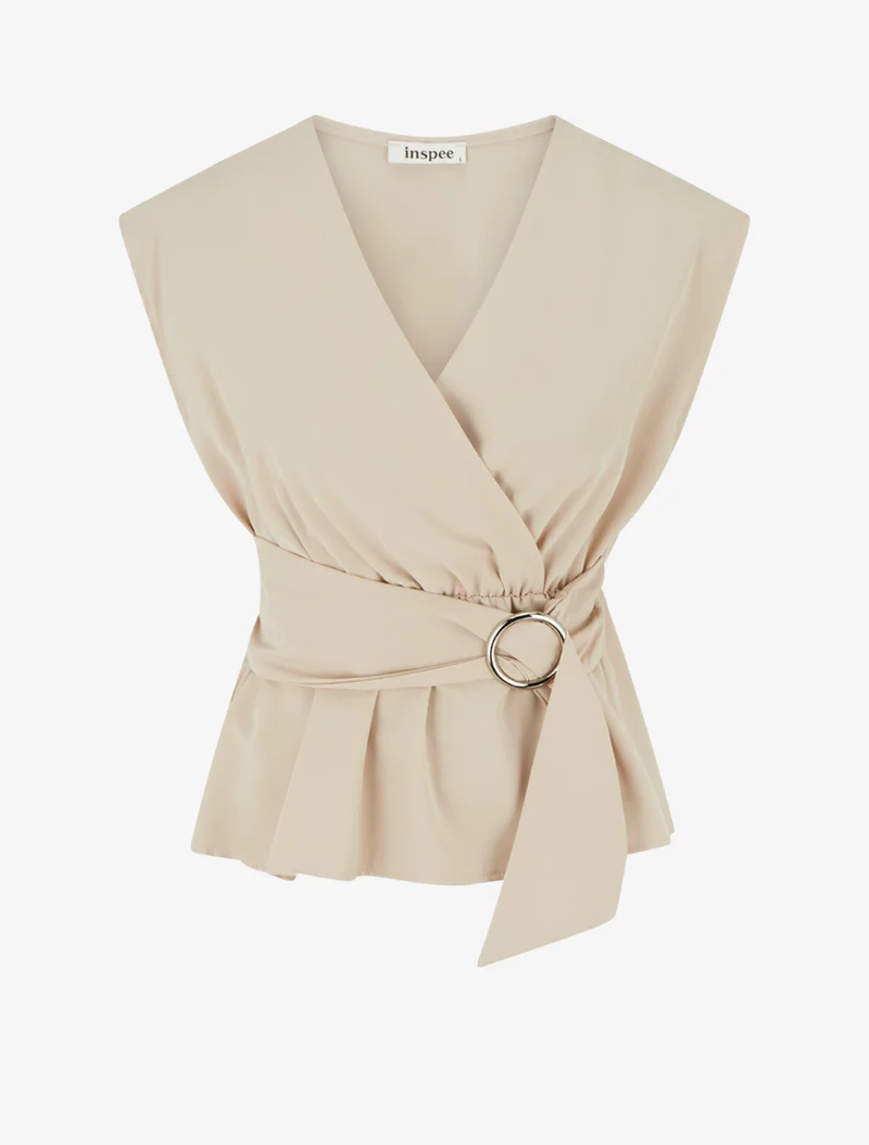 Top élastiqué uni à manches courtes - Beige