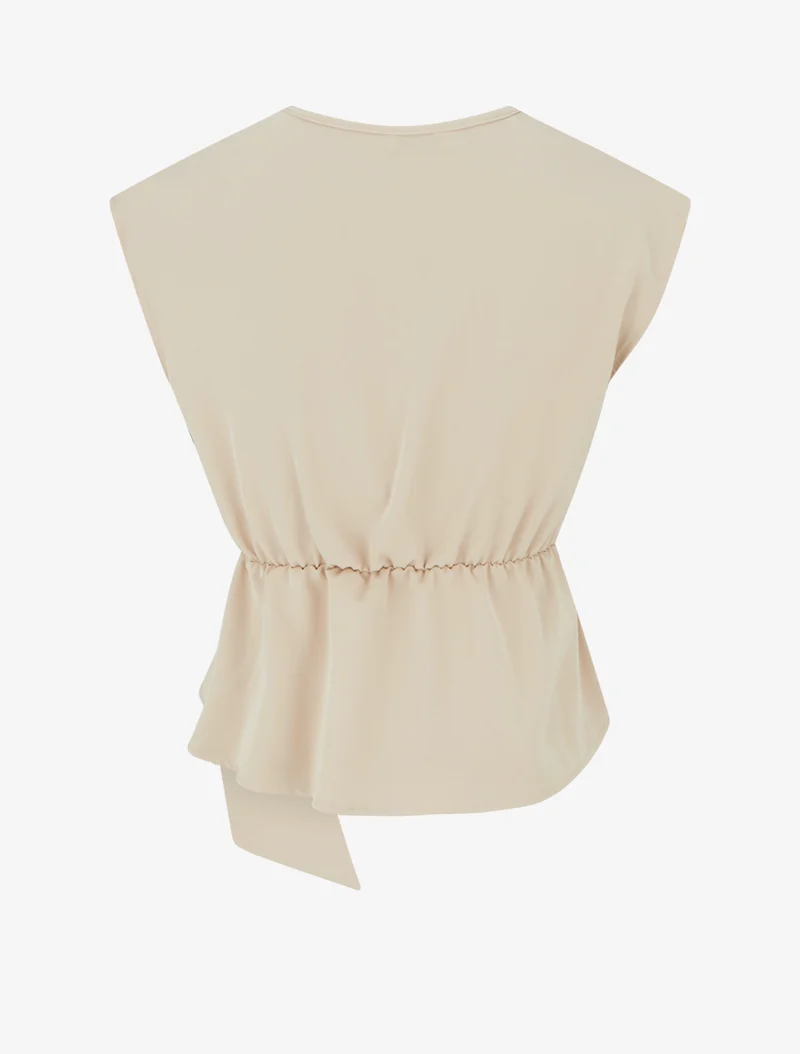 Top élastiqué uni à manches courtes - Beige